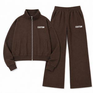 Chocolate Brown Womens Tracksuit Cropped Zip Jacket Flared <b>Wide</b> <b>Leg</b> <b>Pants</b> Custom Logo Casual <b>Lounge</b> Set Wholesale Supplier - Product Image 3