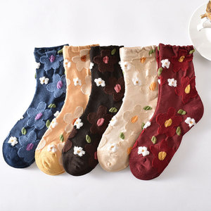 Chaussettes pour femmes à fleurs brodées, tricotées, respirantes, pour un usage quotidien, style printemps, plusieurs options de couleurs - Product Image 6