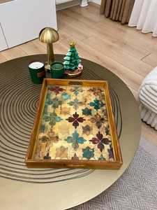 Handmade Wooden Ottoman Serving Tray Handles <b>Large</b> Rustic Coffee Table Style Fruit Pattern Classic Design for Home Decor Kitchen - Product Image 3