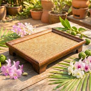 Bandeja de Servir Artesanal de Madera Dura con Base Elevada de Bambú Tejido para Té y Utensilios de Té, Cuadrada - Product Image 4