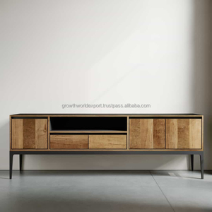 Meuble TV en bois de manguier au design industriel moderne avec portes coulissantes et étagère ouverte, console TV de luxe pour salon d'appartement - Product Image 5