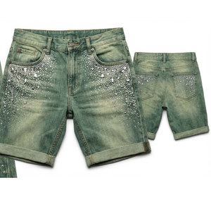 2026 New Arrival <b>Men's</b> Vintage Rhinestone Baggy Denim Shorts Distressed Hand-<b>Studded</b> Y2K Streetwear Casual Summer Jeans - Product Image 2