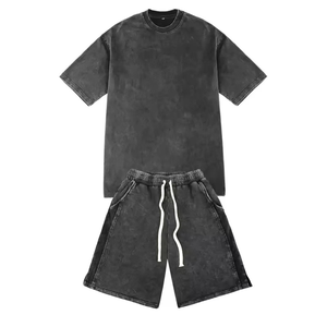 Men's Garment Acid Wash Cotton T-Shirt & Shorts Set Solid Color Casual Summer Wear Knitted Fabric Drawstring Waist - Product Image 1