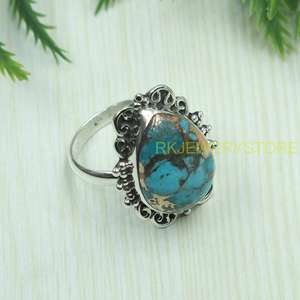 Blue Copper Oyster Turquoise <b>Ring</b> 925 Sterling <b>Silver</b> Handmade Vintage Floral <b>Statement</b> <b>Ring</b> Jewelry for Women Christmas Gift - Product Image 2