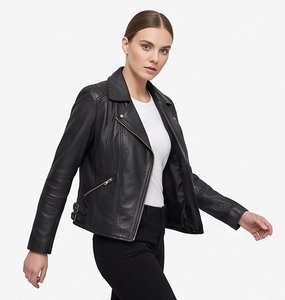 Chaqueta de Motociclista para Mujer, de Cuero de Oveja Genuino, Ecológica, Resistente al Viento, Negra Clásica, con Cierre Frontal Asimétrico Personalizado, para Invierno, Venta al Por Mayor - Product Image 5