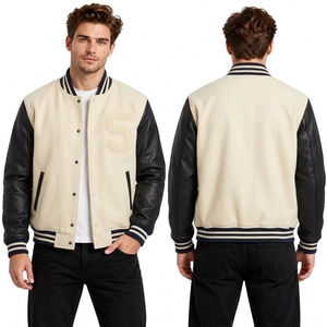 Chaqueta de Lana Gris Jaspeado con Mangas Negras, Parche de Letra M en Chenilla, Transpirable, Cálida, Chaquetas Letterman Casuales al por Mayor - Product Image 2