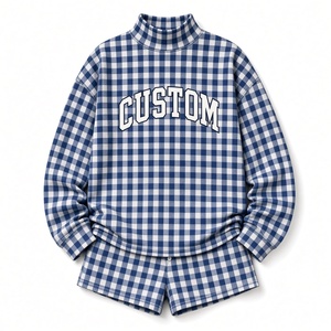 Ensemble décontracté deux pièces surdimensionné pour femme, col roulé à carreaux bleus, manches longues, short, imprimé lettres personnalisées, toutes saisons - Product Image 1