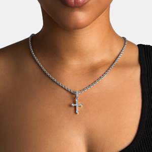 Moissanite Cross Pendant Necklace 925 Silver Rhodium Plated Micro Pave Round Brilliant Cut Unisex Everyday Wear <b>Rope</b> <b>Chain</b> - Product Image 4