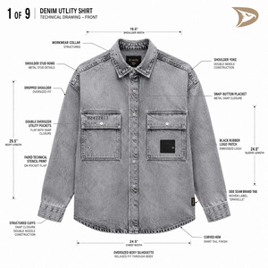 Mineral Wash Jean Utility <b>Jacket</b> Slouchy Hip Hop Urbanwear Over Shirt With Studded Shoulder Flap Pockets - Product Image 6