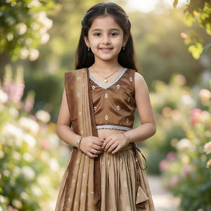 Conjunto de Lehenga Choli para Niños de Shoryam Fashion para Bodas y Fiestas de Diwali |   Blusa sin mangas hasta el suelo con brillo degradado marrón - Product Image 1