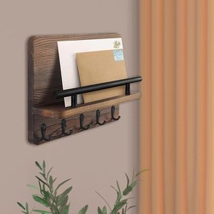 Perchero de pared de madera rústica con 4 ganchos y estante, organizador para entrada de 25x18.5x7.5cm - Product Image 3