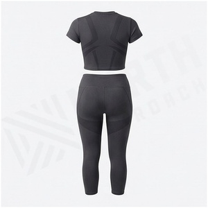Women Sporty 2-Piece Set Short Sleeve Crop Top Full Length <b>Leggings</b> Solid <b>Black</b> Quick Dry Breathable Four-Way Stretch - Product Image 2