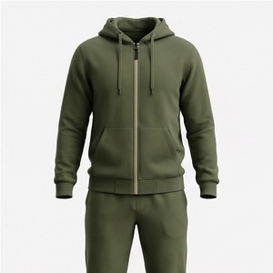 Men's Olive Green Hooded <b>Zip</b>-<b>Up</b> Tracksuit Full Sleeve Solid Color Casual Wear with Side Pockets Midweight 100% Cotton - Product Image 1