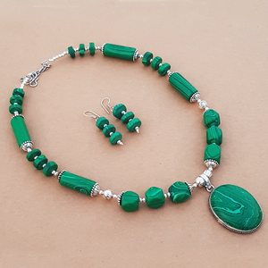 Conjunto de collar y pendientes de malaquita, joyería de piedras preciosas hecha a mano para mujer, con baño de plata, regalo al por mayor - Product Image 1