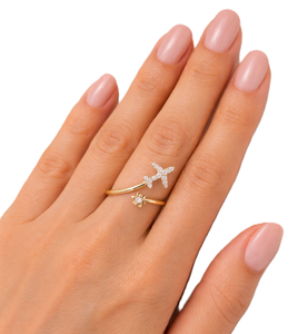 DEF Color VS VVS Clarity Round Lab Diamond Airplane Flower Open <b>Adjustable</b> <b>Ring</b> 18K Solid Gold Bypass Minimalist Statement <b>Ring</b> - Product Image 6