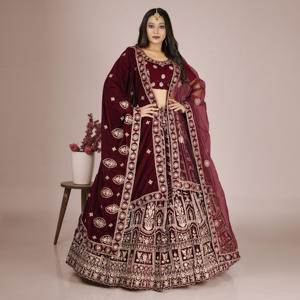 ชุดเลเฮนกาโชลีผ้ากำมะหยี่ปักลายหนัก กระโปรงทรงบานสำหรับเจ้าสาว เสื้อดีไซเนอร์ ผ้าคลุมไหล่หรูหรา สไตล์บอลลีวูด สำหรับงานปาร์ตี้และงานแต่งงาน - Product Image 2