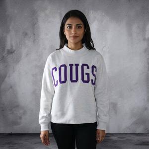 <b>White</b> Mock Neck <b>Sweatshirt</b> with Large Purple Front Lettering Straight Cut Long Sleeves Rib Cuffs and Hem Private Label Apparel - Product Image 4