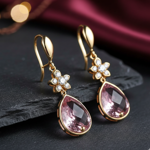 Boucles d'oreilles pendantes artisanales en pierre rose ovale, argent sterling 925 plaqué or 18 carats, bijoux pour fêtes et mariages, cadeau d'anniversaire - Product Image 3