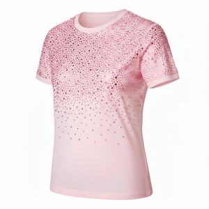 T-shirt tricoté rose à strass pour femme, col rond, manches courtes, style doux, coupe classique, pour le quotidien printemps-été - Product Image 2