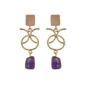 Boucles d'oreilles pendantes en laiton plaqué or faites à la main avec pierres semi-précieuses en quartz rose et améthyste, bijoux légers de créateur, vente en gros - Product Image 1