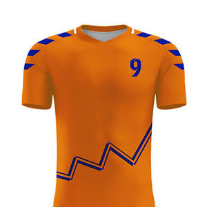 Ensemble de maillots de football personnalisés orange et bleu pour hommes, col en V, manches courtes, impression sublimée, uniformes respirants, numéros d'équipe 9 - Product Image 6