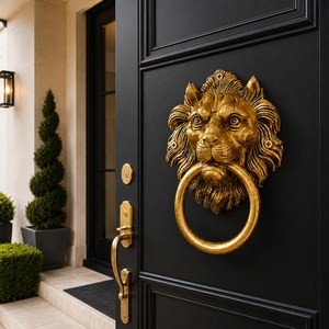 Battant de porte en laiton de luxe Lion Doré, moderne, sculpté en 3D, haute simulation, pour décoration extérieure - Cadeau Fête des Pères - Product Image 1