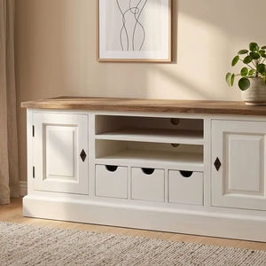 Commode Aderty en teck massif, 7 tiroirs, finition naturelle écologique, style moderne, pour chambre, appartement, salon, meuble console multimédia - Product Image 5