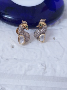 <b>studs</b> <b>earrings</b> in peacock design with polki stone in <b>silver</b> 925 material for Indian wedding handmade jewelry <b>set</b> for women - Product Image 5