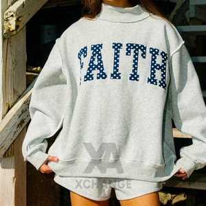 Sudadera de cuello alto oversize para mujer al por mayor con estampado de lunares y letras, logo personalizado, manga corta, invierno - Product Image 2