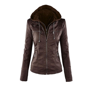 Women's Brown PU <b>Leather</b> Hooded Motorcycle <b>Jacket</b> With Zipper Closure And Detachable Hat Windproof Autumn Wear - Product Image 1