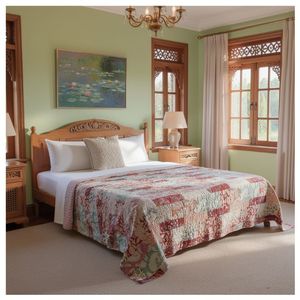 Indian Cotton Hand Block Printed Kantha Twin Quilt <b>Throw</b> 150x220 cm Hand Embroidered Handmade Bedspread Boho Bedroom Bedding Set - Product Image 1