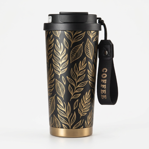 316 Black Stainless Steel Vacuum <b>Insulated</b> Coffee <b>Mug</b> with Lid with Dual drinking and various gold pattern - Product Image 6