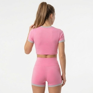OEM Custom Logo Women Yoga Crop <b>Top</b> Gym Workout Base Layer <b>Shorts</b> Yoga 2 Piece <b>Short</b> Sleeve Crop <b>Top</b> & Contrast Trim <b>Shorts</b> <b>Set</b> - Product Image 3