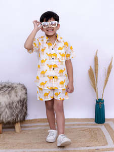 Camel Style jaune 100% coton garçons ensemble de vêtements décontracté à manches courtes solide motif léopard chemise pour enfants 1-5 ans - Product Image 2