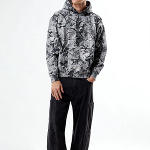 Sweat-shirt à capuche oversize gris imprimé camouflage, manches régulières, en polyester tricoté, décontracté, pour l'automne, respirant, avec poche - Product Image 5
