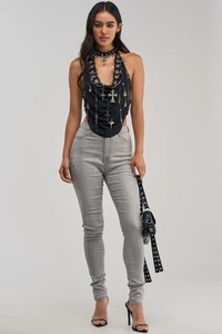 Splendid Apparel Jean en denim gris délavé taille haute coupe skinny avec rivets style bohème longueur intégrale pour femme 140g - Product Image 5