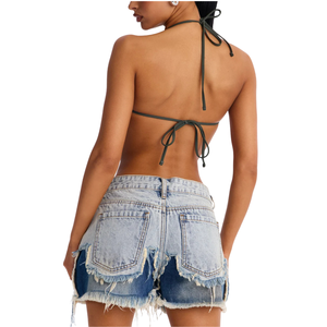 Shorts de Mezclilla de Dos Tonos para Mujer, Cintura Media, Desgastados, con Dobladillo Deshilachado, Casuales, de Verano, Secado Rápido, Transpirables, Talla XS - Product Image 2
