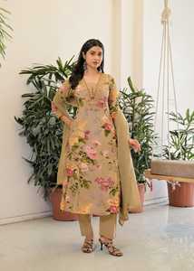 Ensemble Kurta traditionnel indien pour femmes en rayonne beige à imprimé floral, longueur genou, avec dupatta, dentelle et franges, coupe classique, décontracté, toutes saisons - Product Image 3