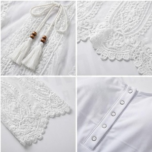 <b>White</b> Chiffon Lace Kimono With Deep V Neck And Tassel Detail For Women - Product Image 4