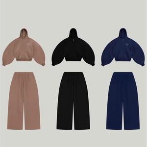 Unisex Streetwear Solid Midweight Zip-Up Hoodie & <b>Sweatpants</b> <b>Set</b> 100% Cotton Tech Fleece Breathable Oversize Tracksuit - Product Image 1