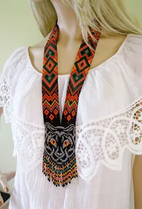 Collier tribal unique en perles de tigre, collier ukrainien Gerdan | Chunky | Ethnique | Collier pour femme africaine, pour les talentueuses, avec boucles d'oreilles - Product Image 2