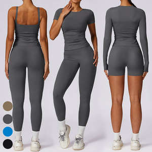 Ensemble de vêtements de sport pour femmes en cinq pièces, couleur unie, pour la gym, le yoga et l'entraînement, comprenant un haut à manches courtes, un haut à manches longues, un legging taille mi-haute et un short - Product Image 3