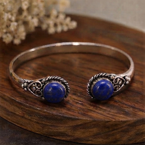 Vintage Scroll Classic Lapis Lazuli Unisex Jewelry Set <b>Adjustable</b> <b>Ring</b> with Open Cuff Bracelet Silver/Gold Plated Brass Gift - Product Image 2