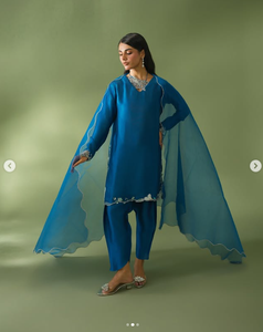Elegant Women's Blue Silk Salwar Kameez With Embroidery Traditional Indian Pakistani Wedding Wear Regular Fit All Seasons - Product Image 1