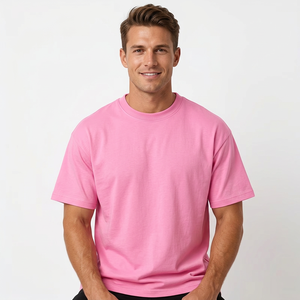 Camiseta de manga corta rosa para hombre, cuello redondo, color liso, informal, de punto, con logo frontal, transpirable, de secado rápido, lavado ácido, 100% lisa. - Product Image 6