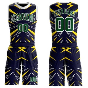 Ensemble de maillots de basket-ball sublimés personnalisés, unisexe, adulte, bleu marine, vert, jaune, imprimé éclair, nom de l'équipe, numéro 00, maille respirante - Product Image 3