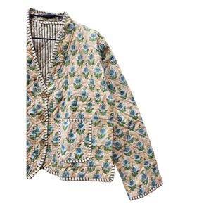Bloc floral imprimé coton veste matelassée femmes Double face à la main col en V à manches longues manteau avant ouvert bouton veste matelassée - Product Image 3