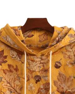 Sudadera con Capucha para Mujer, Estampado de Hojas Otoñales Amarillo Mostaza, Felpa de Algodón, Estilo Casual, Fabricante Personalizado, Proveedor de Ropa al por Mayor - Product Image 5