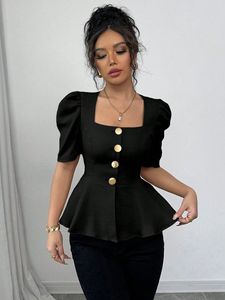 Blusa Negra Elegante de Verano 2026 para Mujer, OEM, con Logotipo Personalizado, Cuello Cuadrado, Manga Corta, Botones, para el Mercado Europeo y Americano - Product Image 3