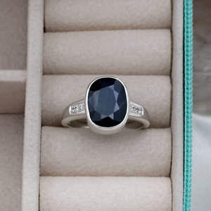 925 Sterling <b>Silver</b> Natural Blue Sapphire Gemstone <b>Ring</b> Bezel <b>Set</b> Band with cz Side Stones for Wedding Gift Everyday Wear - Product Image 3